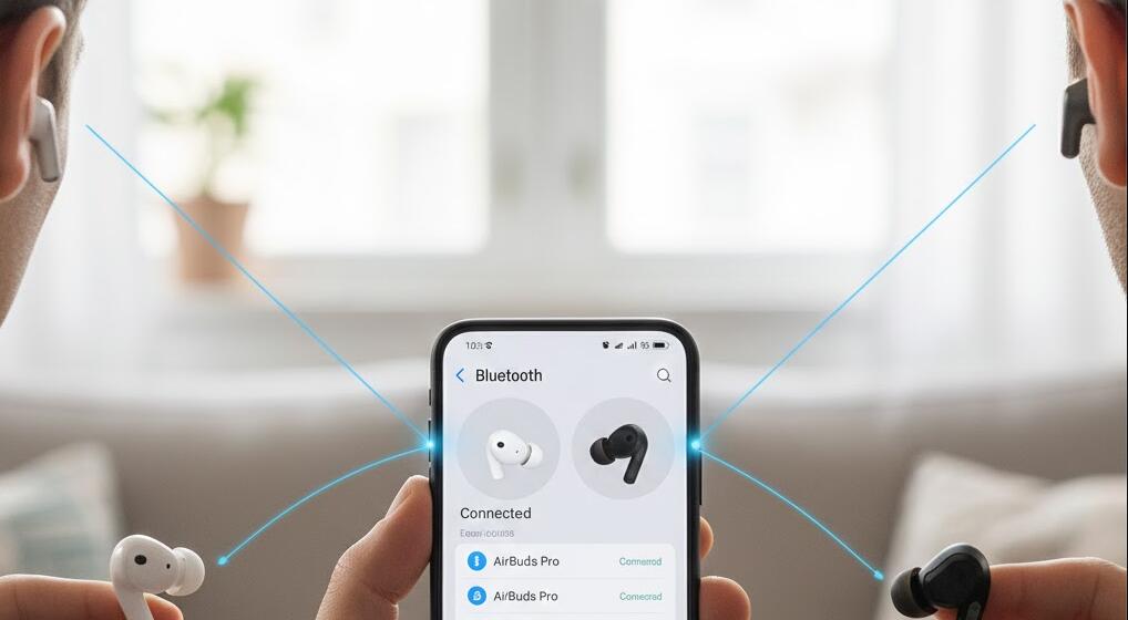 Two earbuds paired to a phone