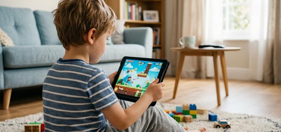 A kid playing mobile games on a tablet