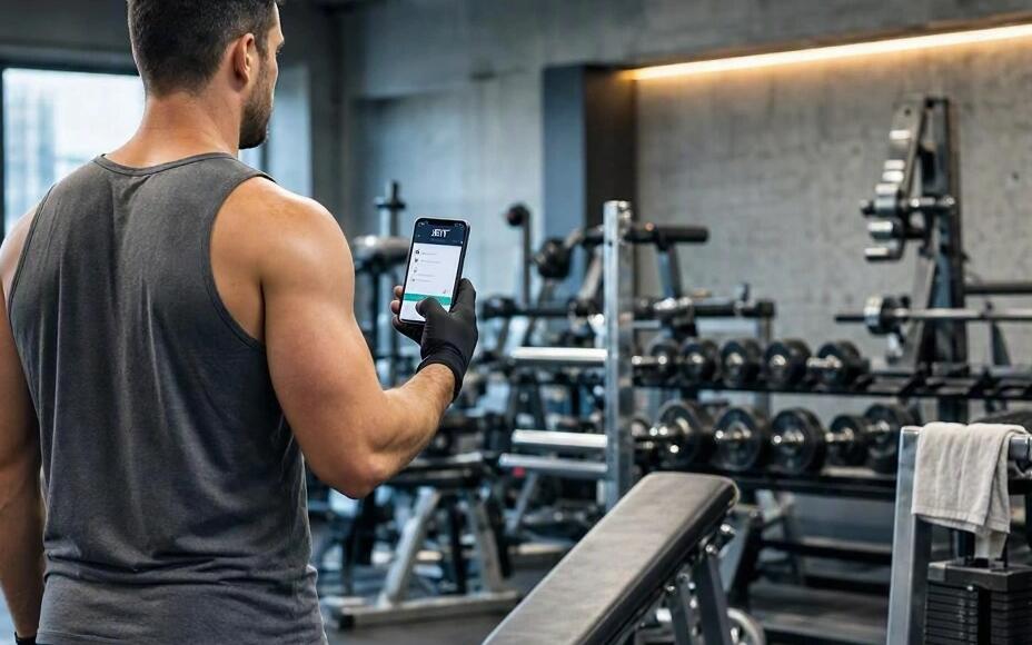 A man is training in a GYM and checks JEFIT app on the phone