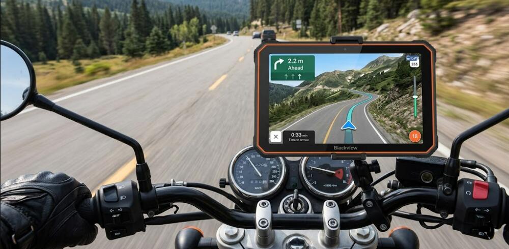 A motorcyclist using Blackview Active 8 Pro navigation