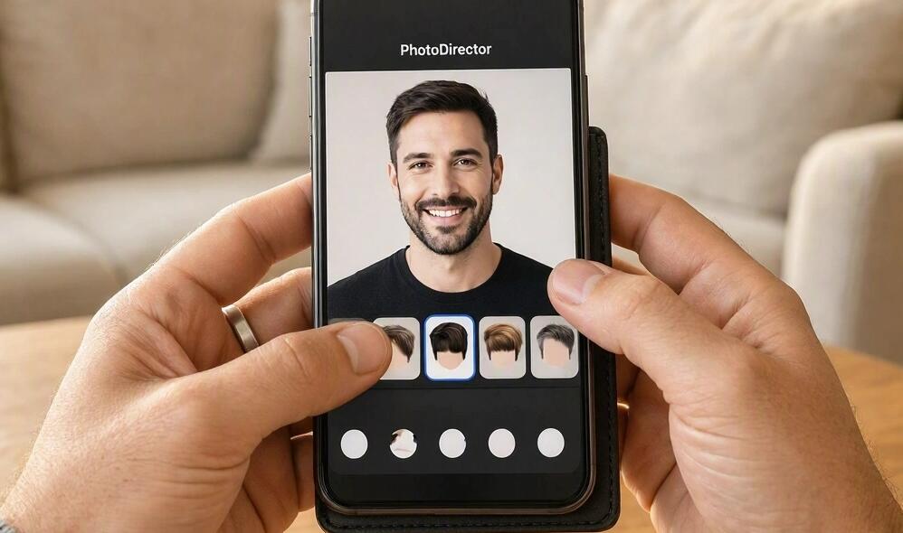A man edits hairstyle in a picture on the phone