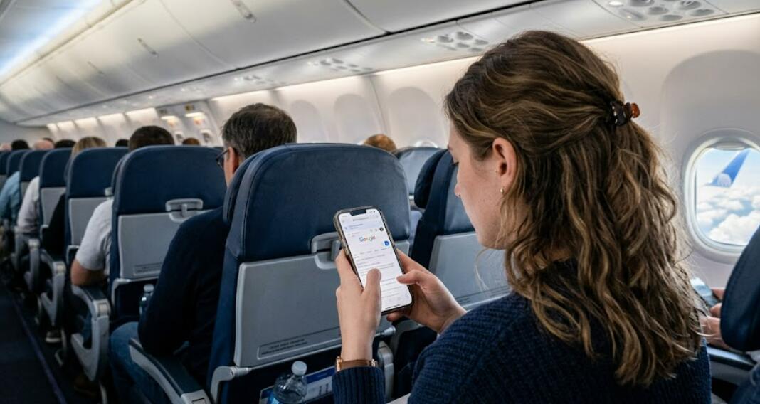 Passenger using airplane WiFi during a flight