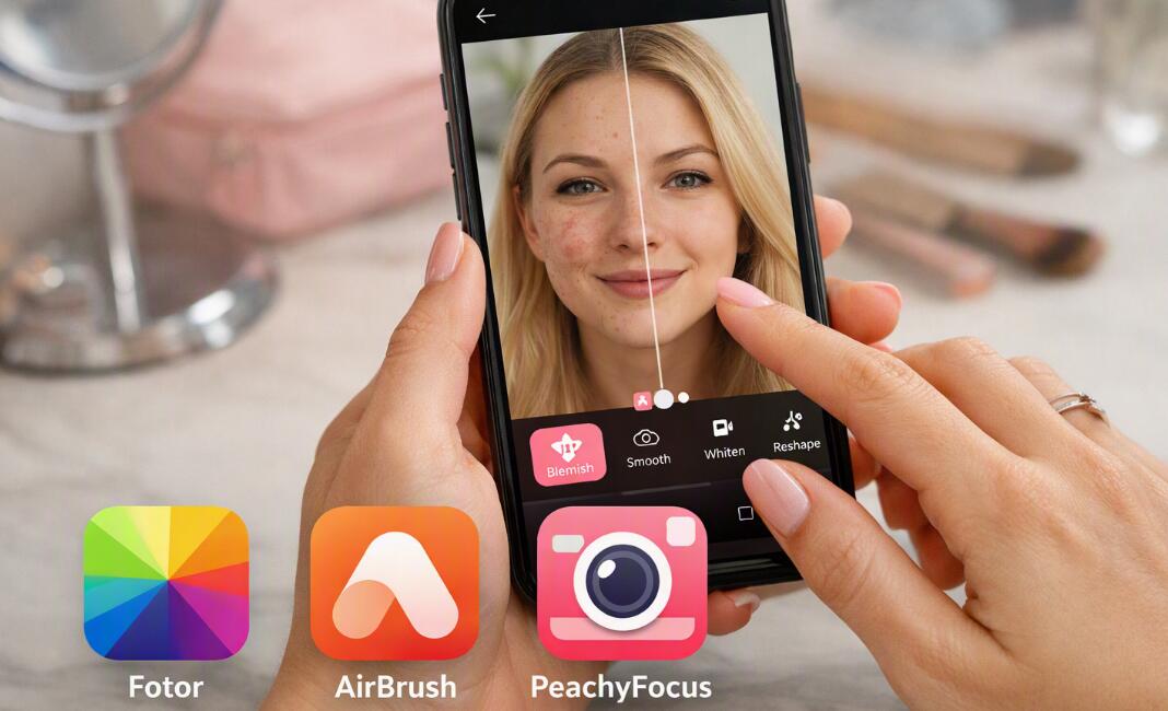 A girl is using BeautyPlus to remove acne in a photo