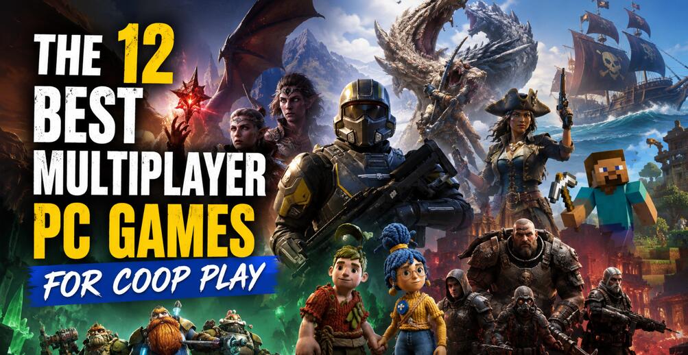 Several guys playing co-op games on PCs