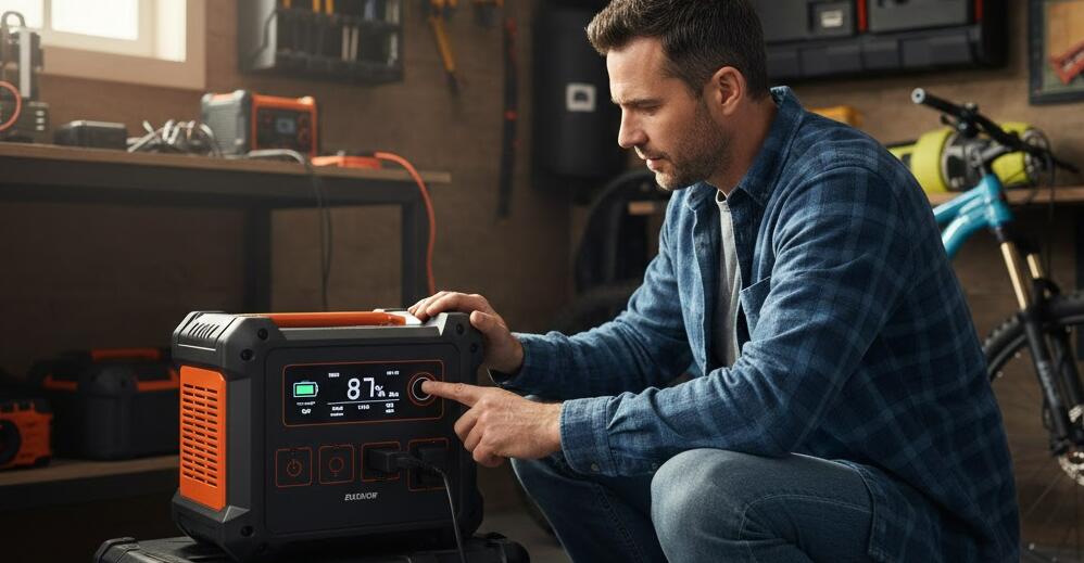 A man checks the portable power station