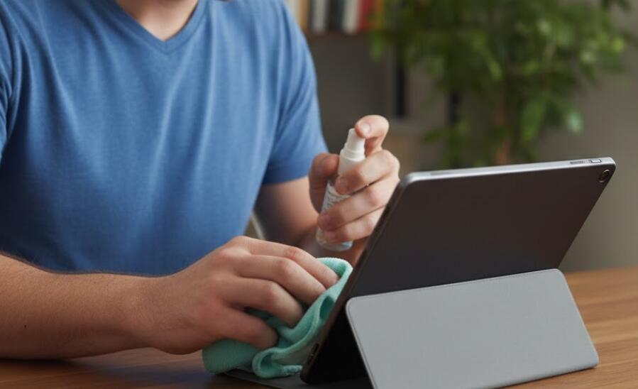 A man was cleaning a tablet
