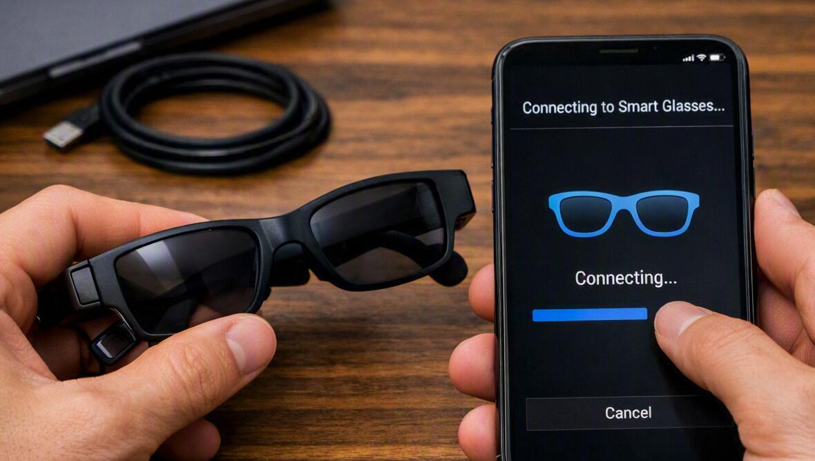 A young man is connecting smart glasses to the phone