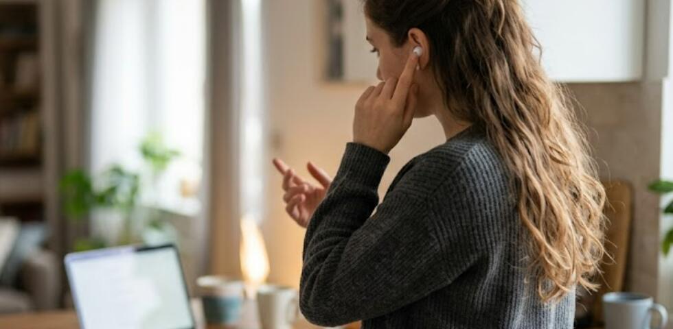 A girl trys to skip tracks on her earbuds