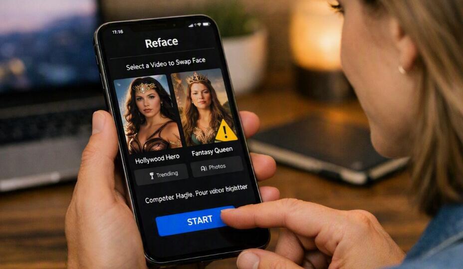 A lady uses Reface app on her phone