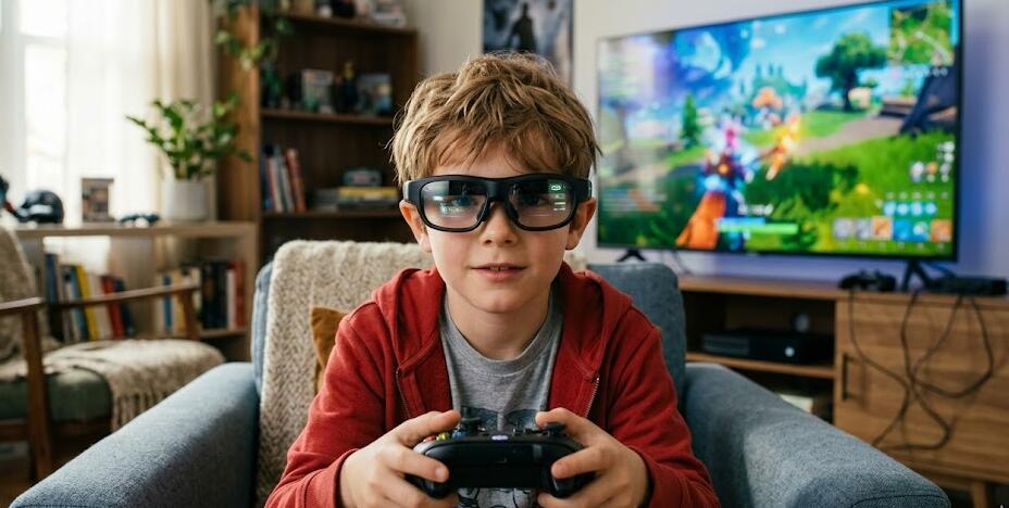 A child wears smart glasses playing video games