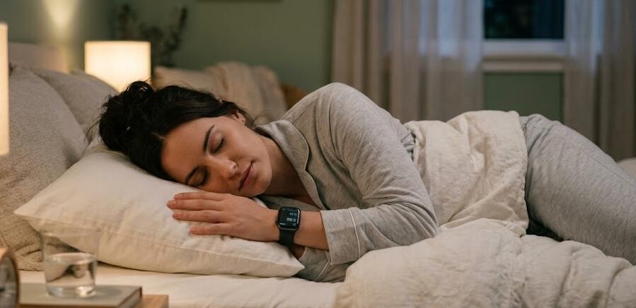 A lady wears a smartwatch to sleep