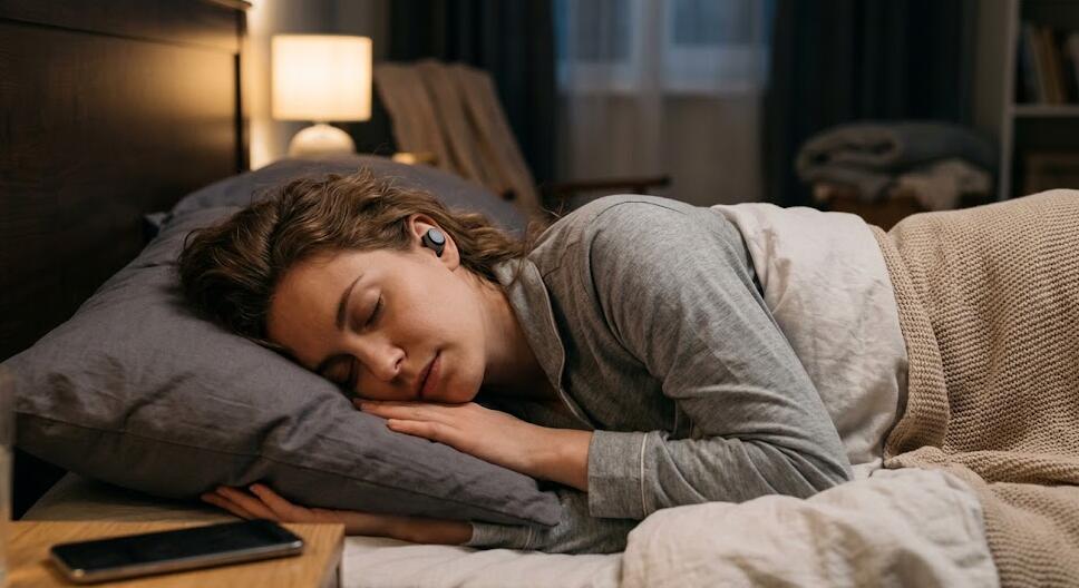 A lady wears earbuds to sleep