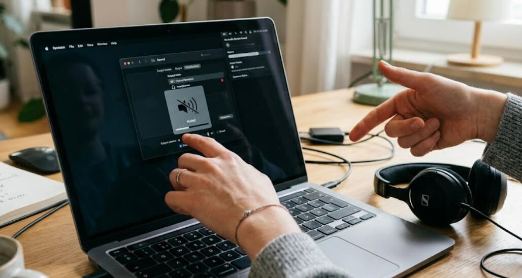 A person opens the audio settings on a laptop