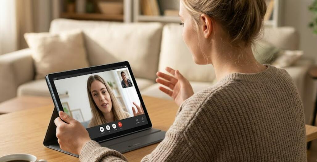 A young Western woman is making a video call using a Blackview MEGA 12