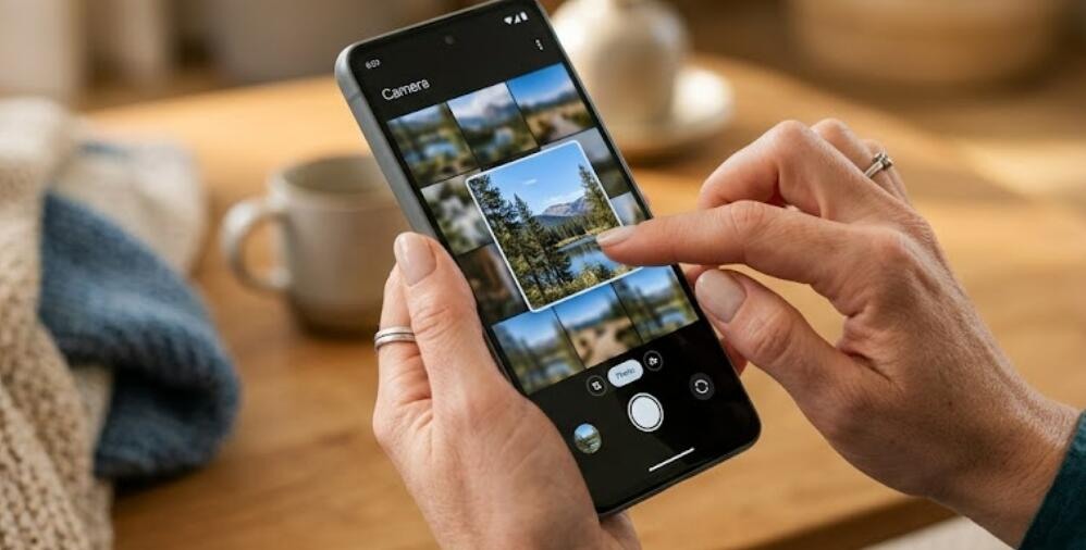 A woman opens a photo using a camera app