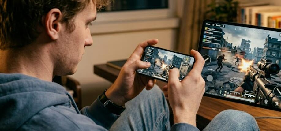 A guy plays shooting games on his smartphone