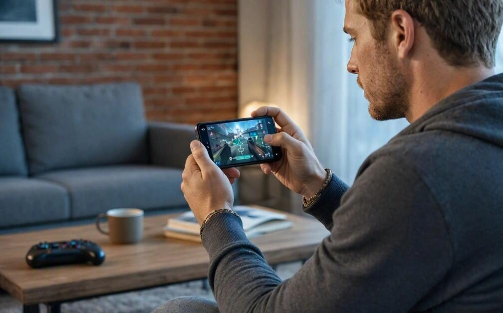 A young man plays shooting games on the phone