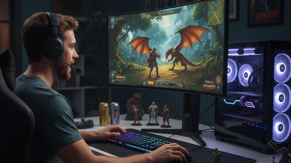 A man plays a role-playing game on PC