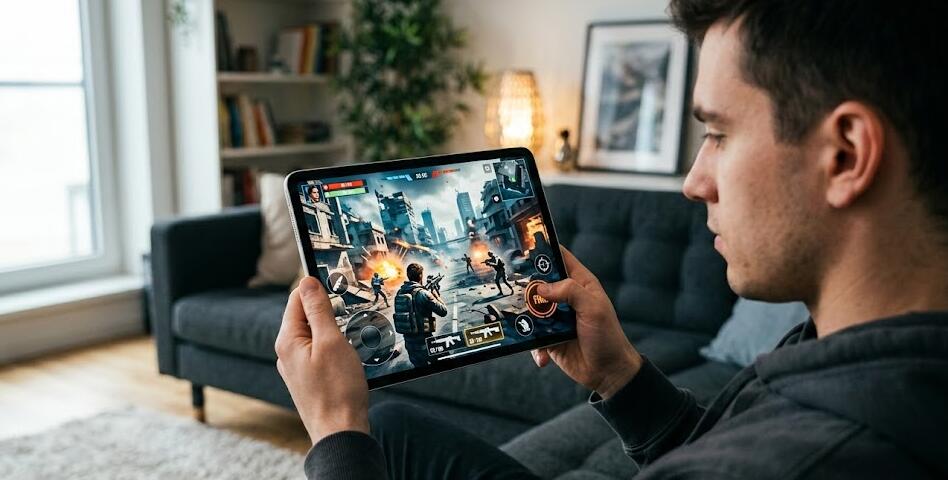 A man play shooting game on a tablet