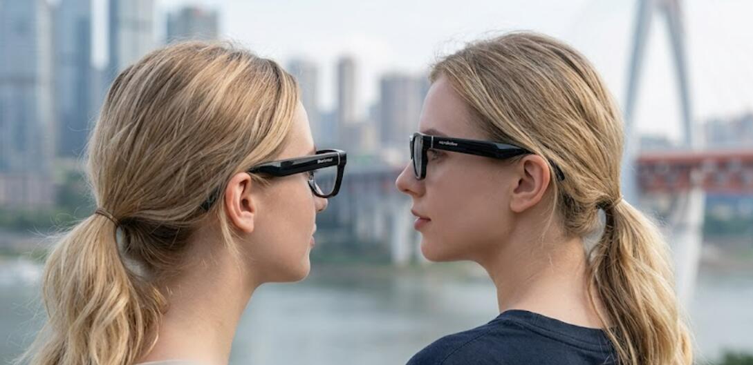 Two ladies wear the Blackview BV100 smart glasses