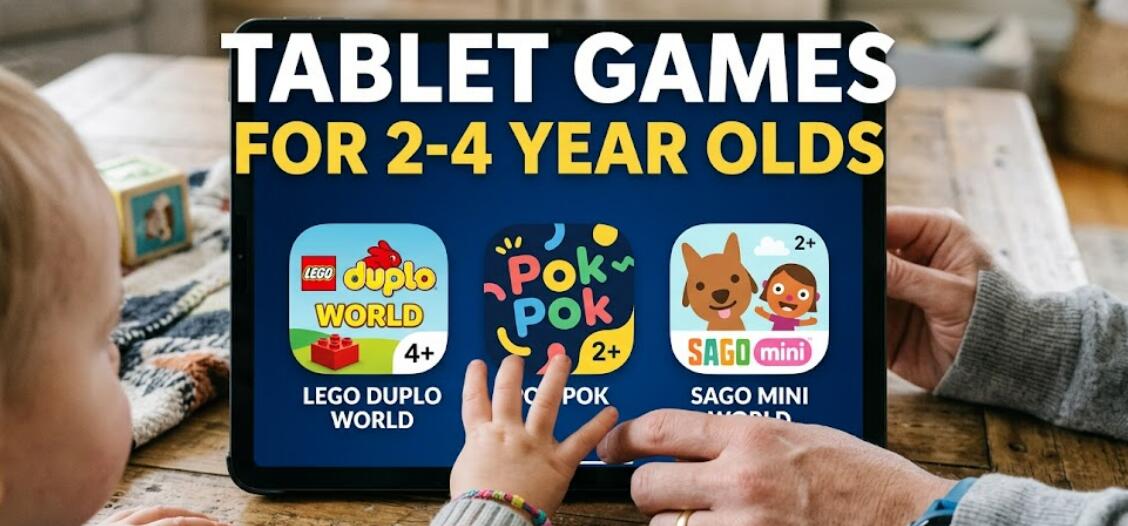 A 3 year olds playing games on a tablet