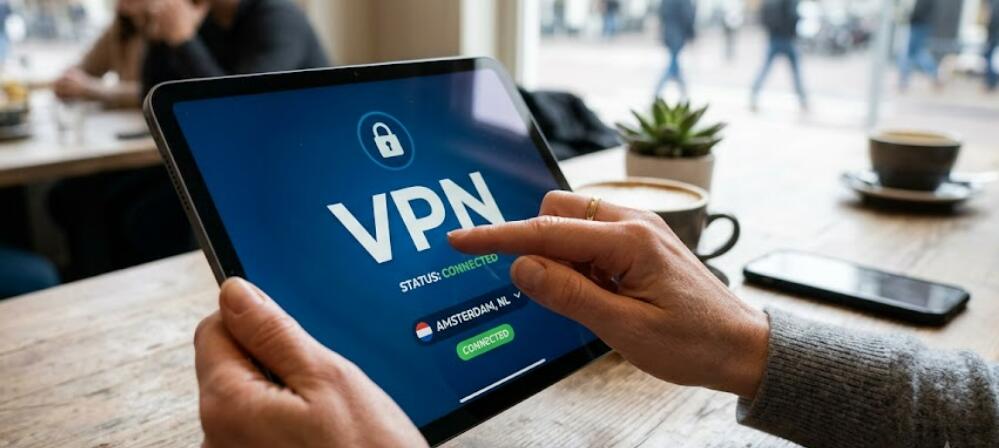 A lady uses VPN on her tablet