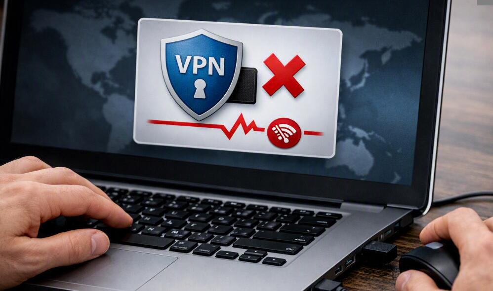The laptop shows VPN not working