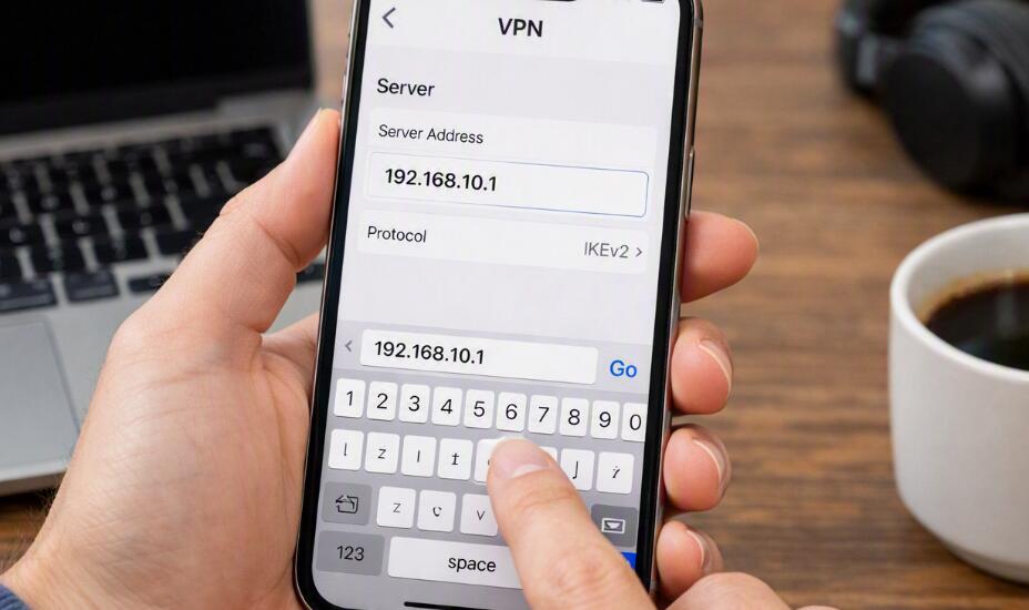 A phone shows VPN server address