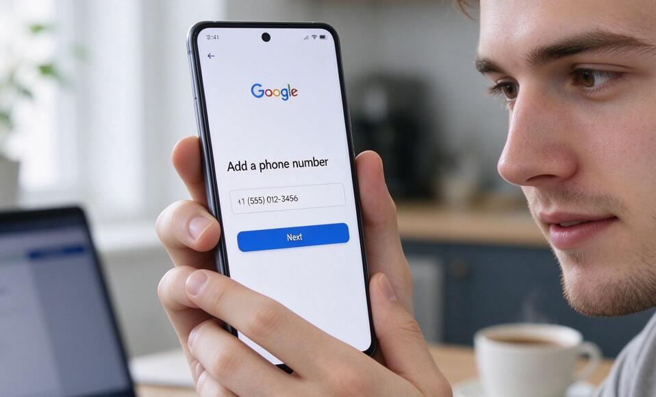 A guy is adding a phone number to Google account
