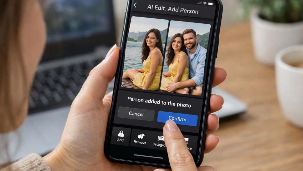 A lady was adding a person to the photo via AI