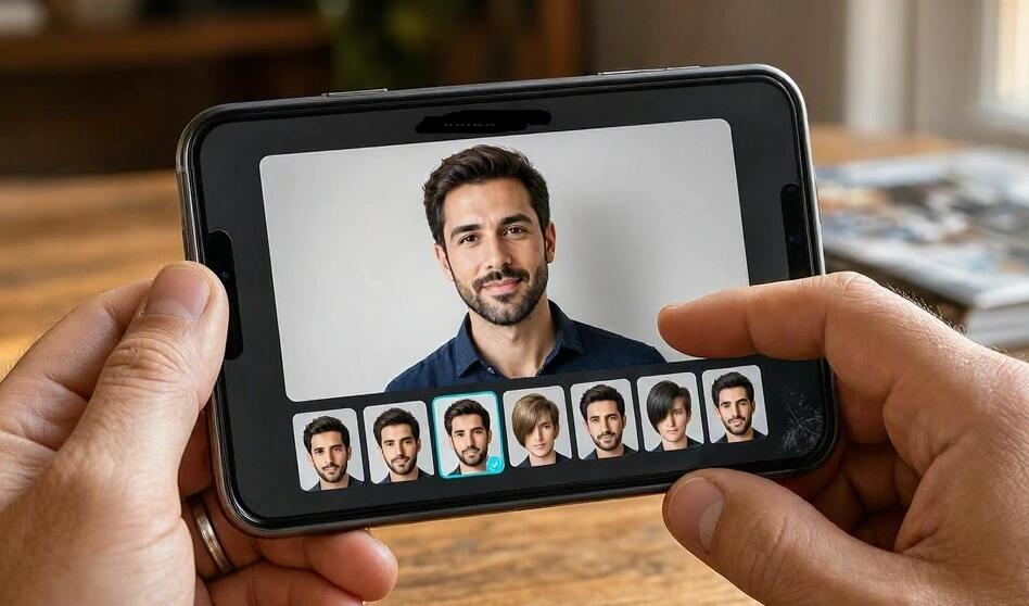 A man compares hairstyles on Hair Zapp on the phone