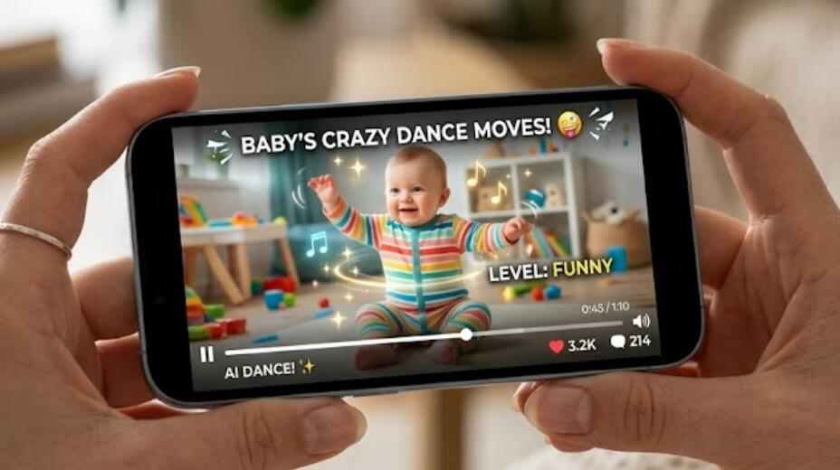An AI baby dancing video on a phone