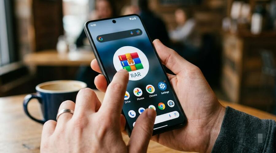 A gut open RAR app on his phone