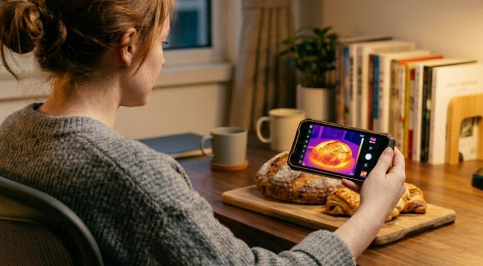 A person uses Blackview XPLORE 1 Pro FLIR thermal phone to scan the bread