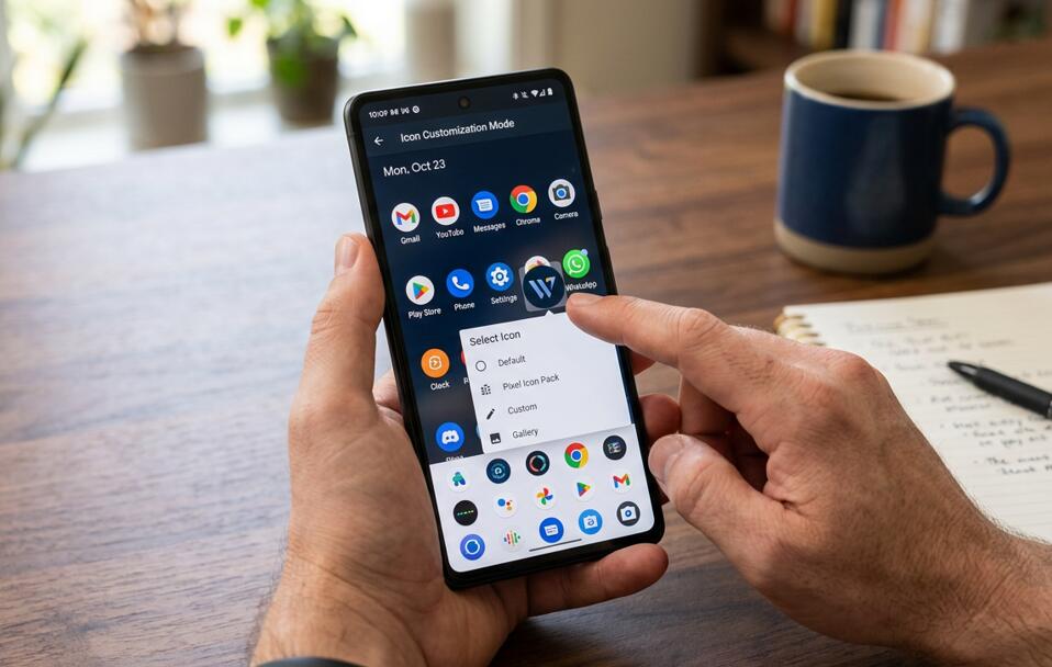 A lady is changing the app icon on a phone