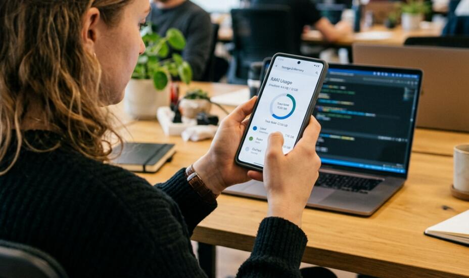 A man checks RAM usage on the phone