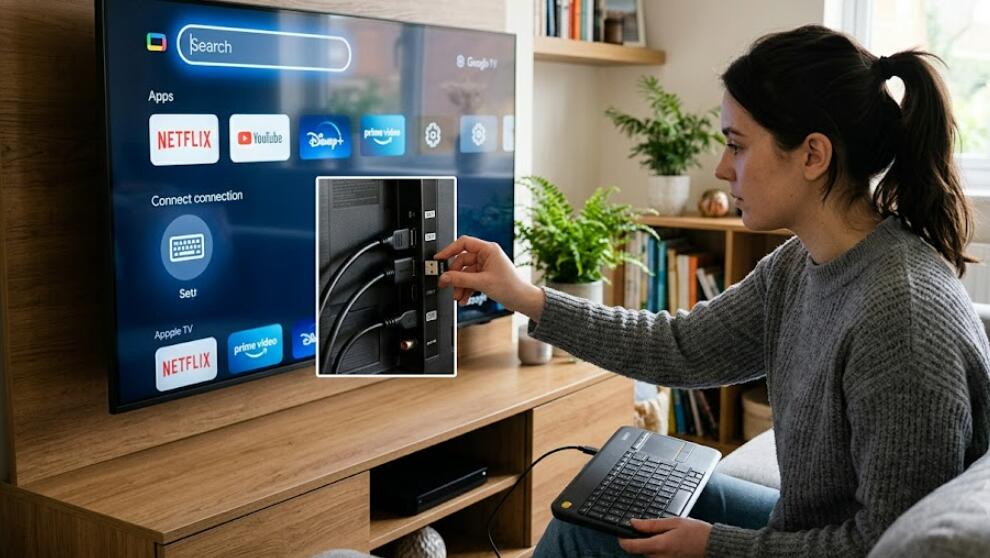 A lady is connecting a USB keyboard to the smart TV