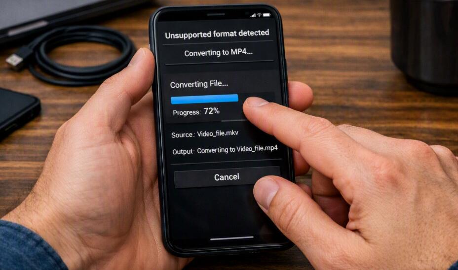 A guy is converting unsupported video files format on the phone