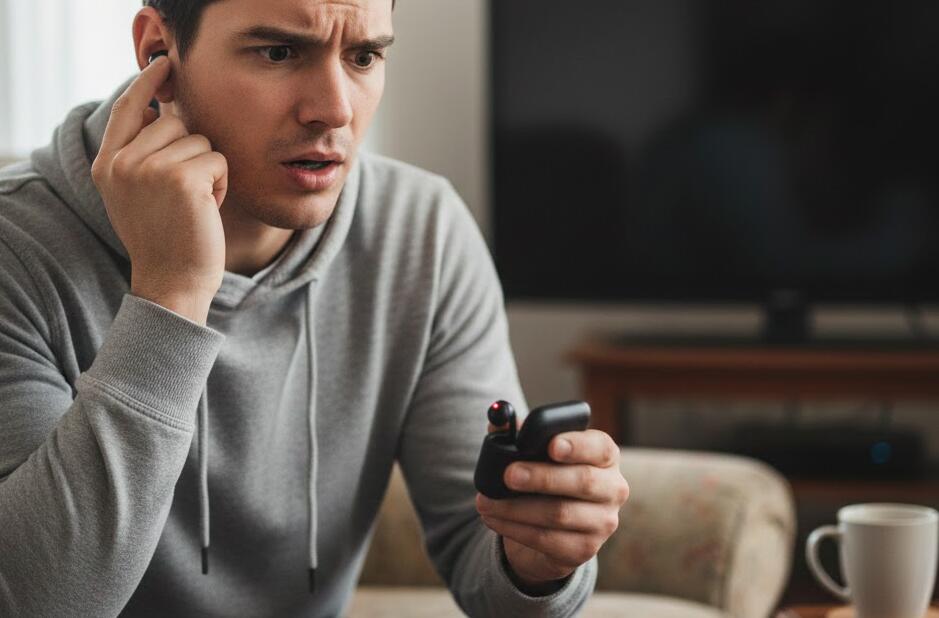 Мужчина пытается включить свои беспроводные наушники