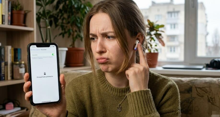 Женщина пытается включить режим прозрачности в своих наушниках