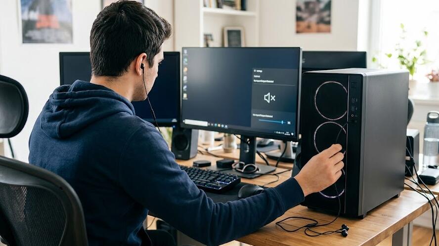 Проводные наушники подключены к настольному компьютеру