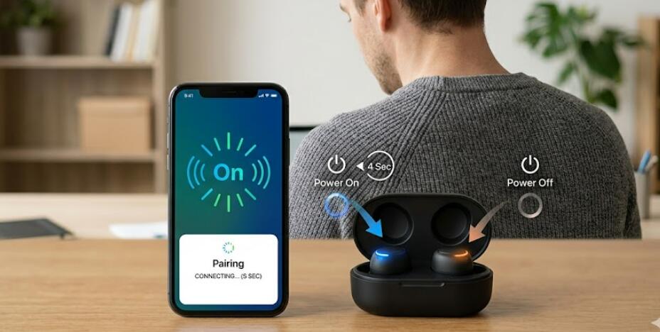 Девушка держит беспроводные наушники
