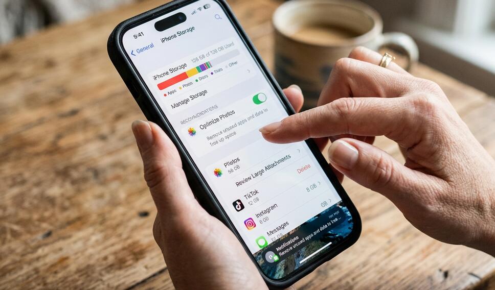 A guy is freeing up storage on the phone