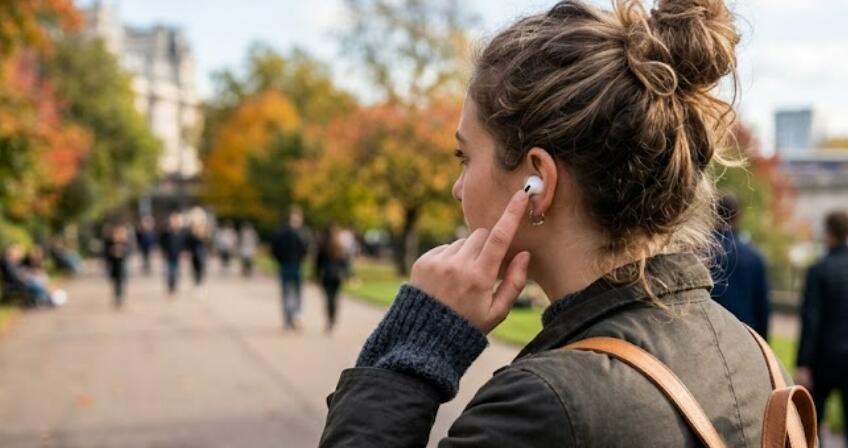 Девушка пыталась отрегулировать громкость своих беспроводных наушников