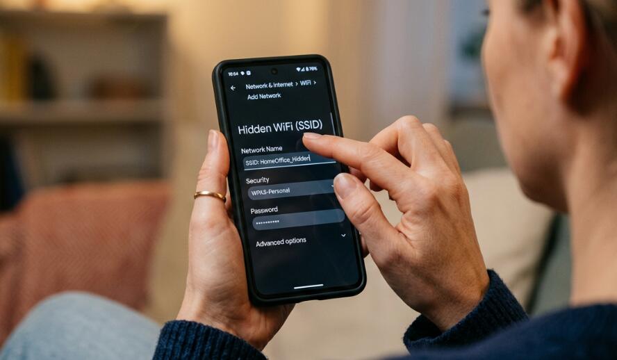 A guy checks hidden SSID on his phone
