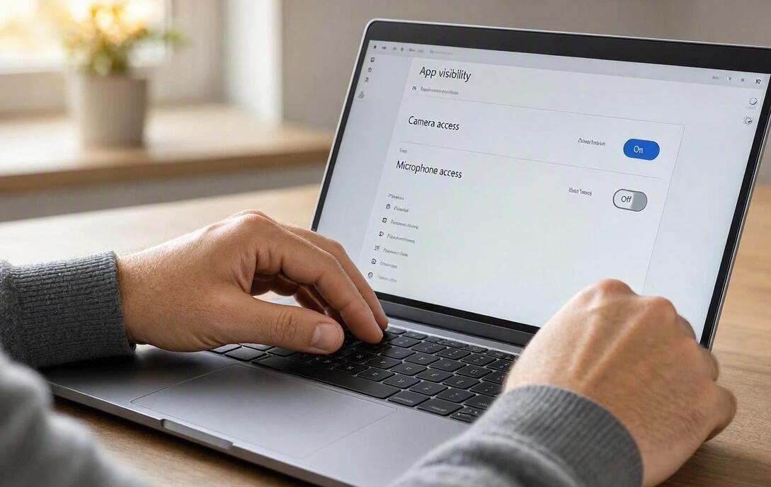Мужчина прячет приложение на ноутбуке с Windows