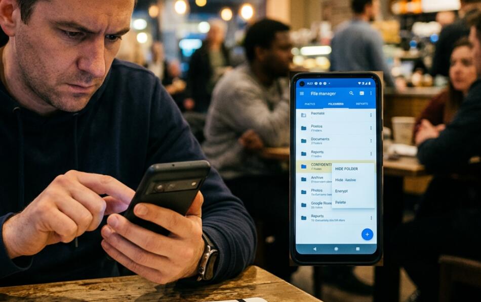 A man is hiding a folder on the phone