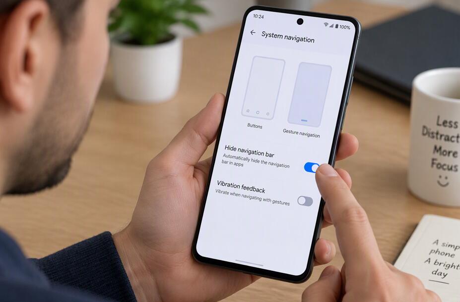 A man is setting the navigation bar on the phone