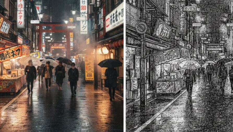 カラー画像と白黒画像の比較