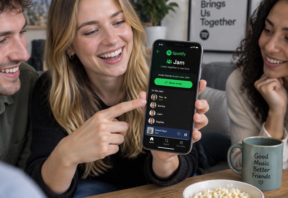 A girl uses Spotify Jam on the phone